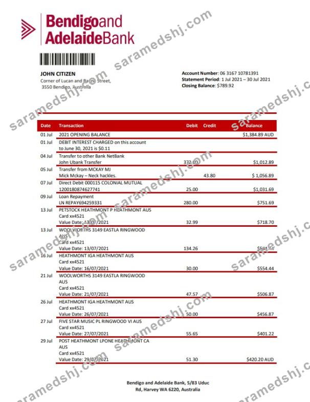 Australia Bendigo and Adelaide Bank bank statement